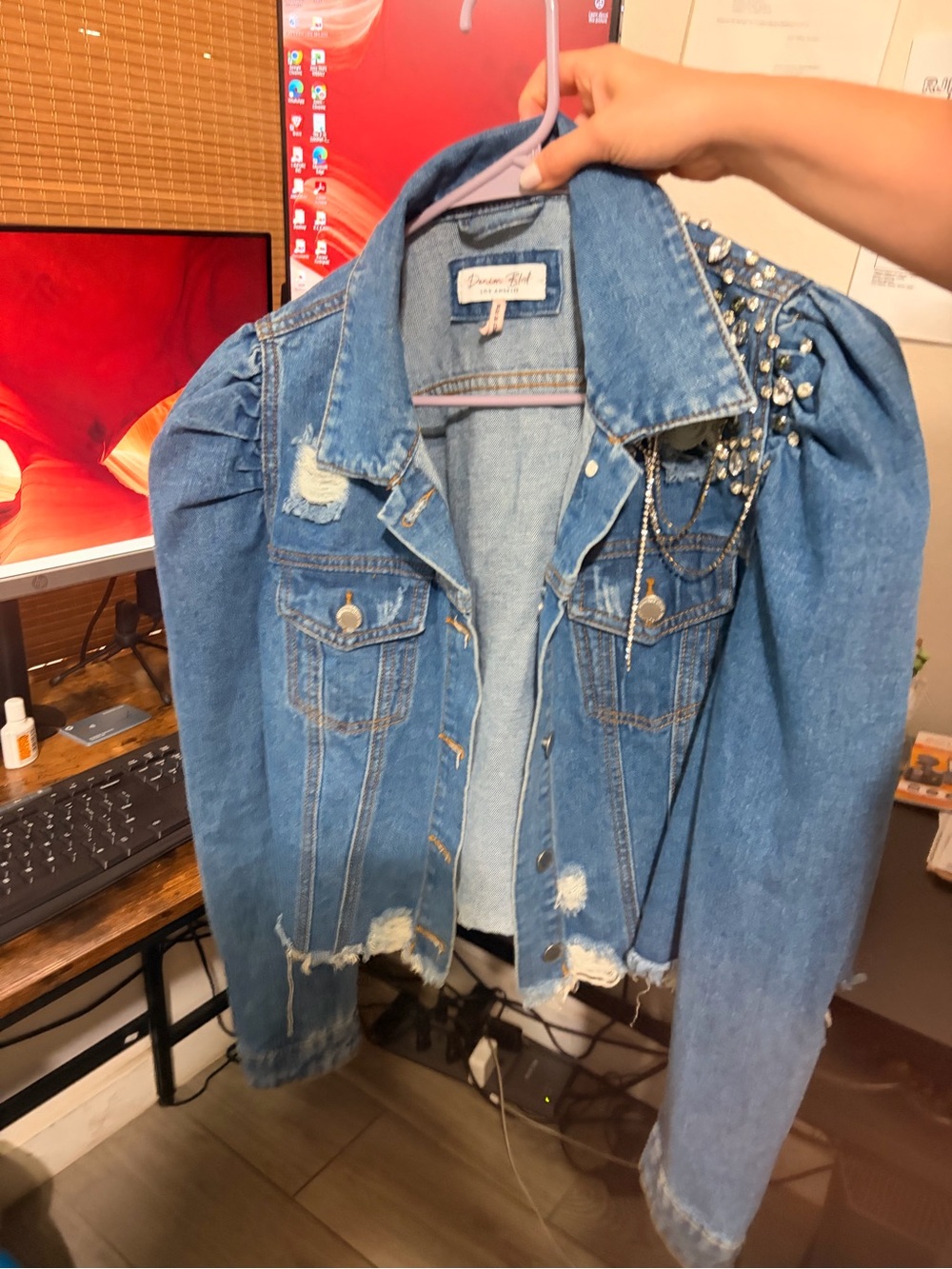 Decorated Puff Sleeve Distressed Denim Jacket